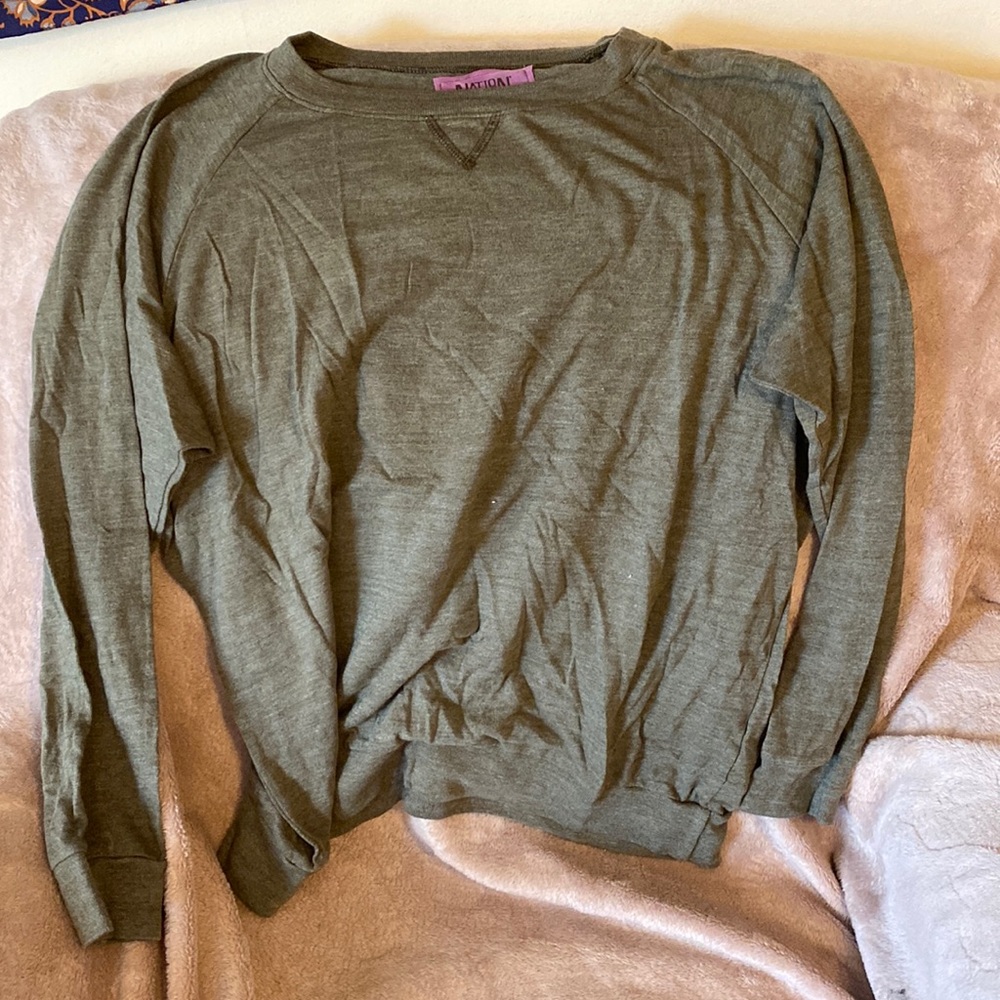 Military green long sleeved shirt, cotton and slightly sheer
